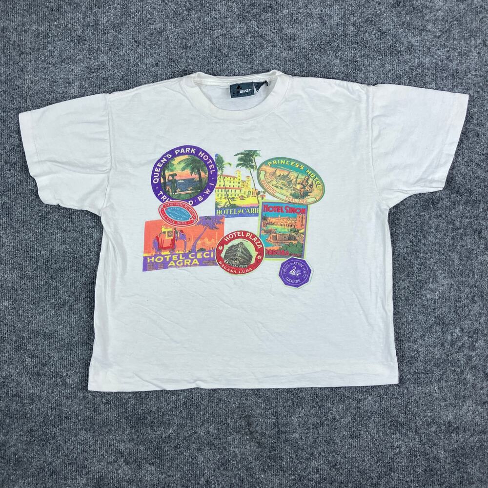 Lizwear TShirt Womens Petite M White Hotel Travel Stamp Graphic Tee Short Sleeve